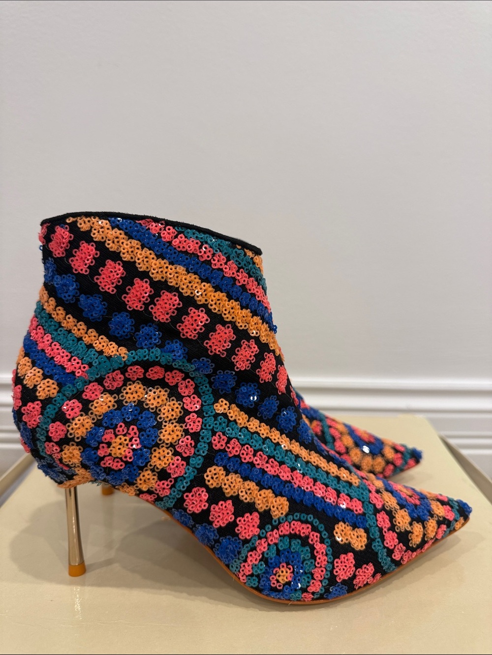 Sophia Webster Rainbow Sequin Booties 37.5 Art Deco Statement Heels NWT